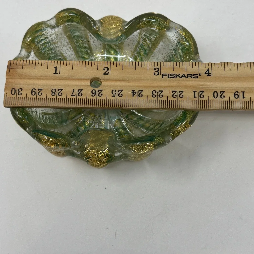MCM Barovier and Toso Murano Green Gold Flecks Italian Art Glass Scalloped Bowl